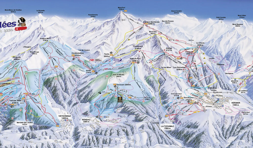 Lyžařská mapa sjezdovek areálu 4 Vvallées