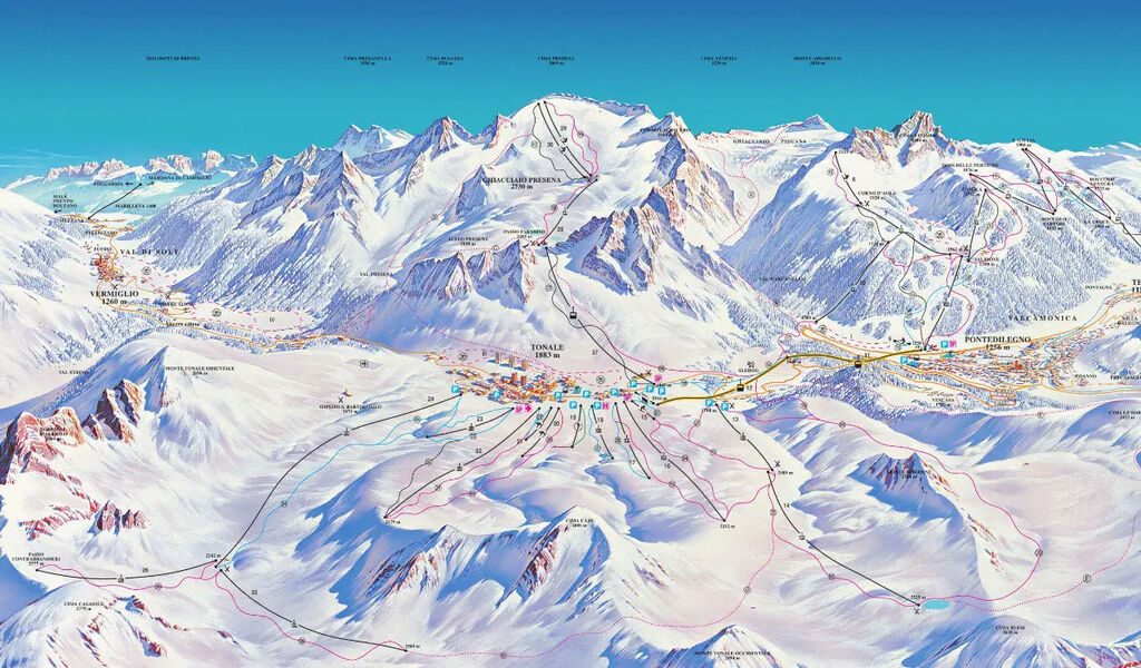 Lyžařská mapa sjezdovek areálu Adamello Ski Passo Tonale / Ponte di Legno