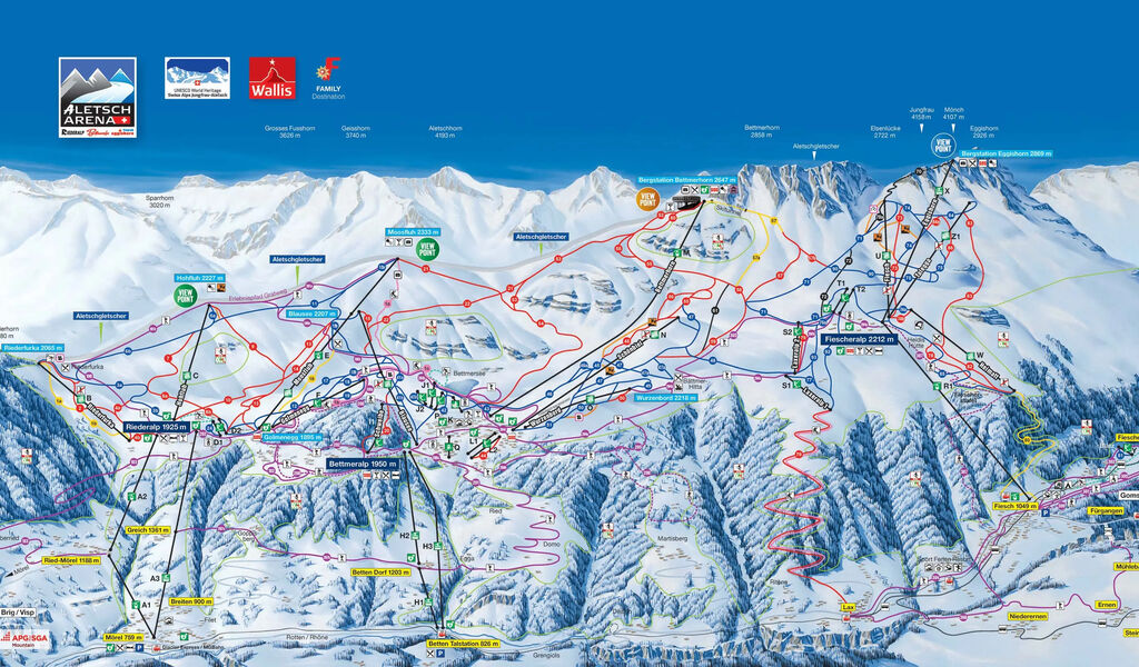 Lyžařská mapa sjezdovek areálu Aletsch Arena