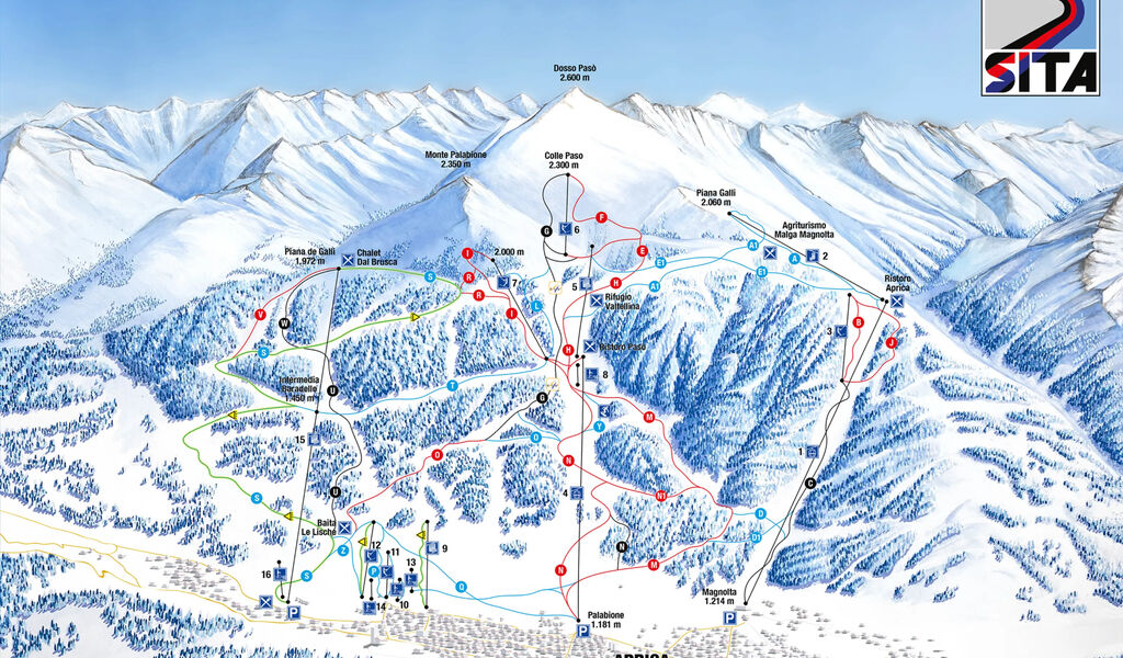 Lyžařská mapa sjezdovek areálu Aprica