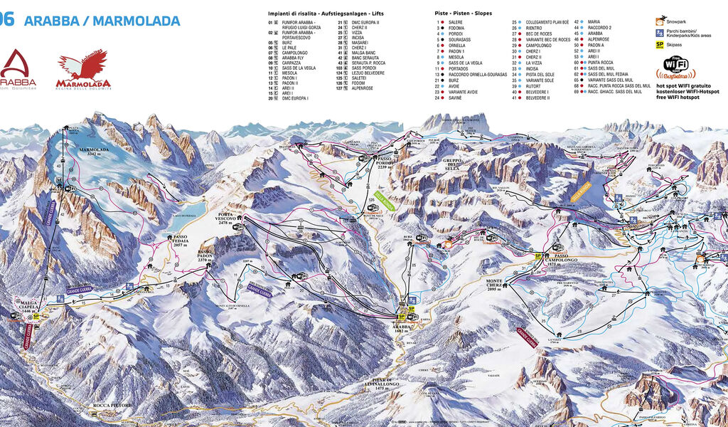 Lyžařská mapa sjezdovek areálu Arabba / Marmolada