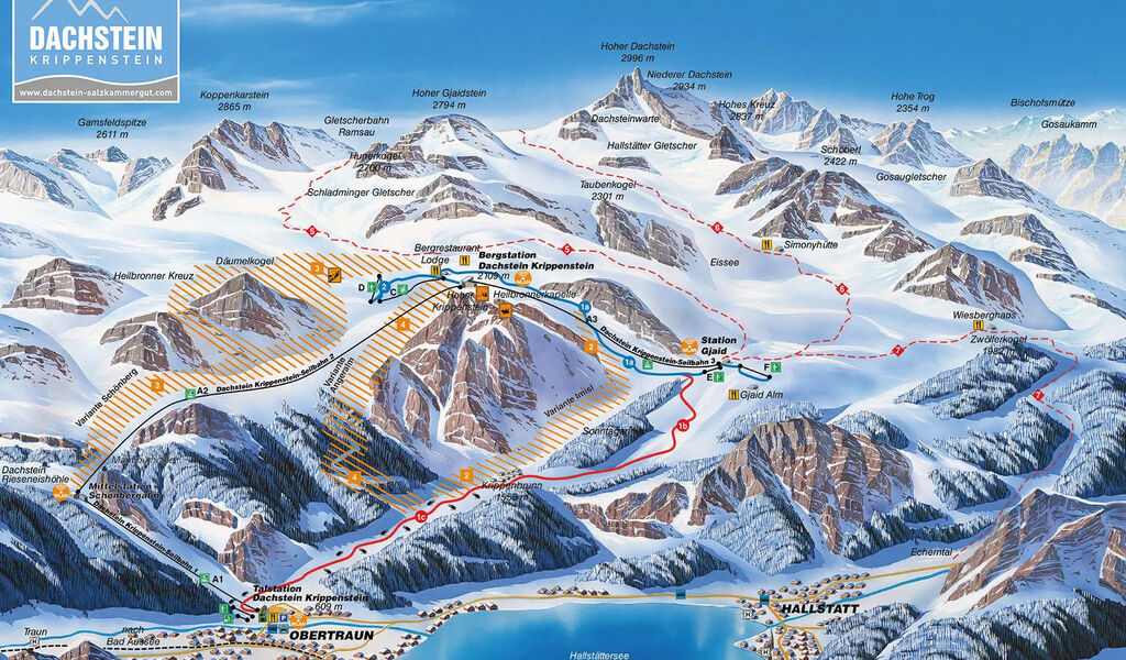 Lyžařská mapa sjezdovek areálu Arena Krippenstein