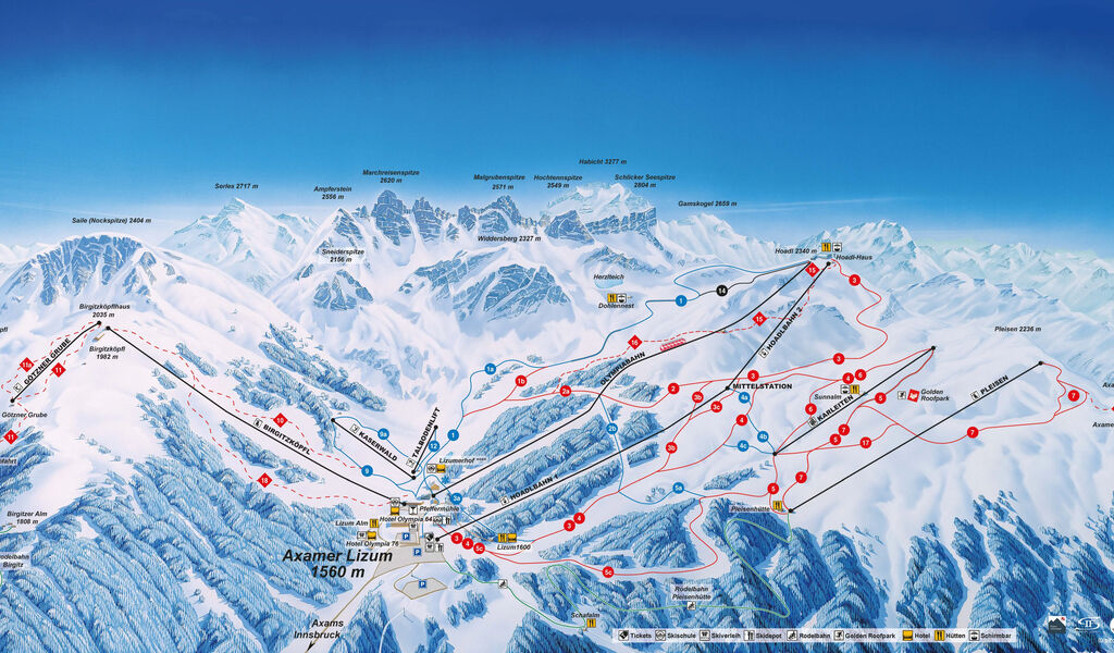 Lyžařská mapa sjezdovek areálu Axamer Lizum