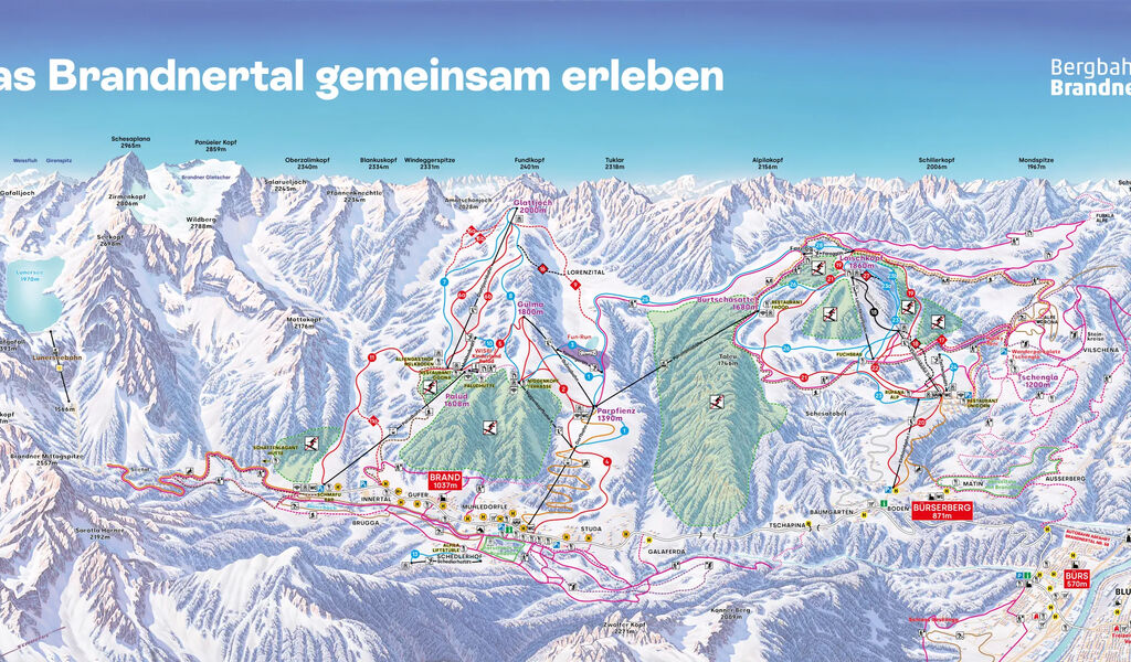 Lyžařská mapa sjezdovek areálu Brandnertal
