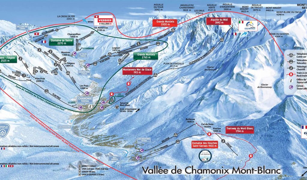 Lyžařská mapa sjezdovek areálu Chamonix / Mont Blanc