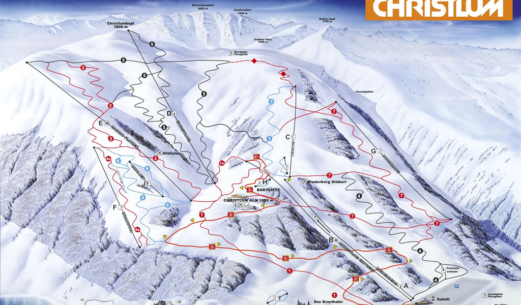 Lyžařská mapa sjezdovek areálu Christlum