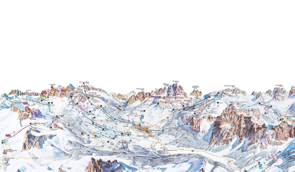 Lyžařská mapa sjezdovek areálu Cortina d'Ampezzo