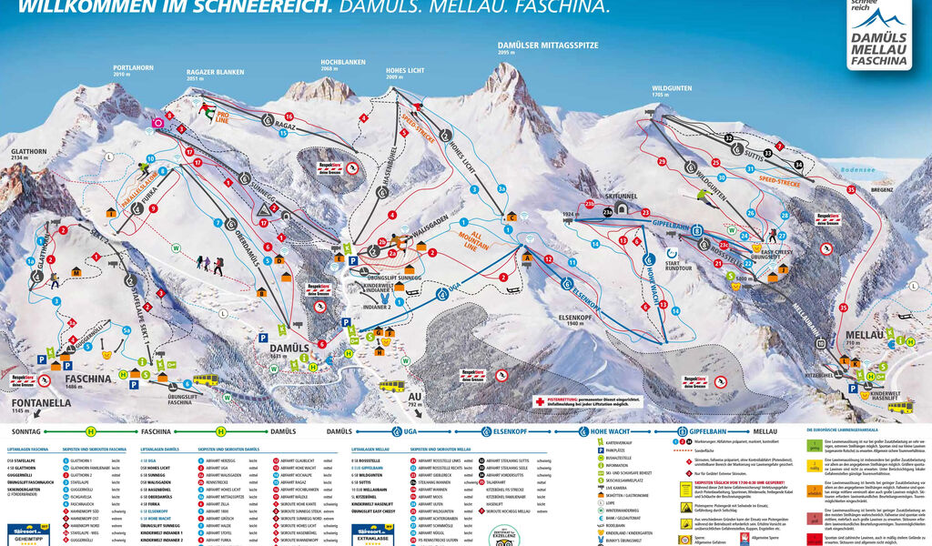 Lyžařská mapa sjezdovek areálu Damüls / Mellau / Faschina
