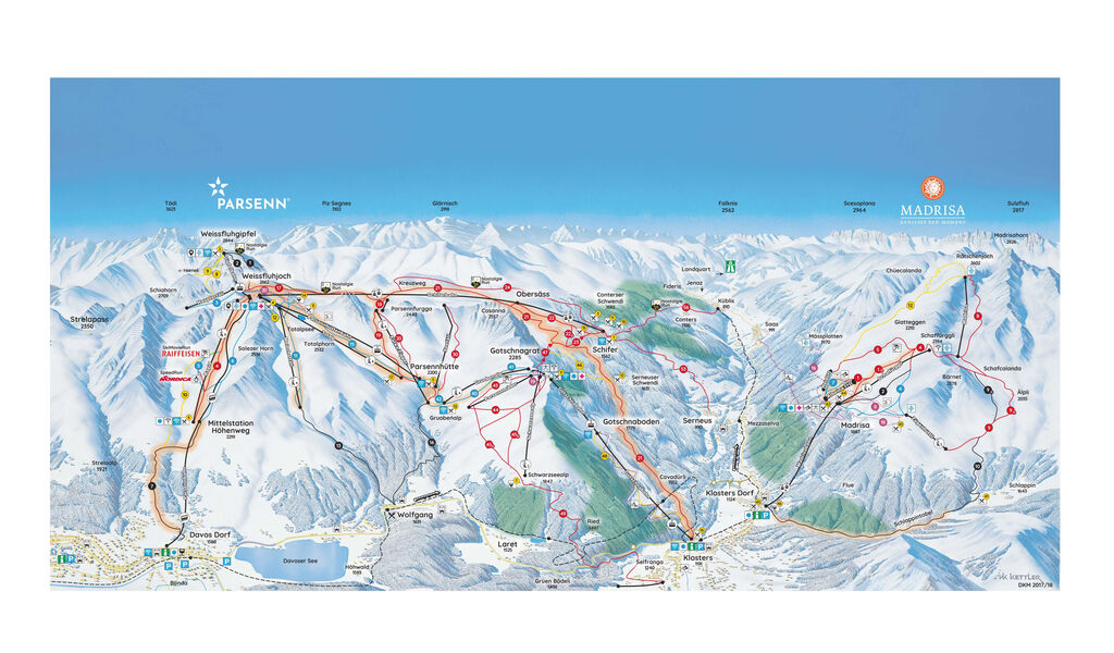 Lyžařská mapa sjezdovek areálu Davos / Klosters