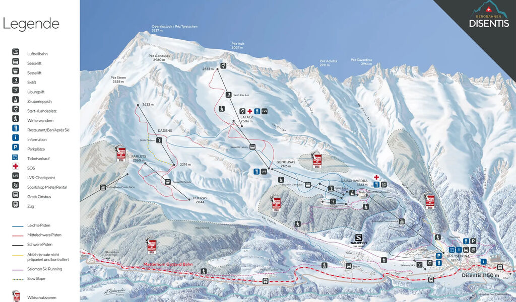 Lyžařská mapa sjezdovek areálu Disentis