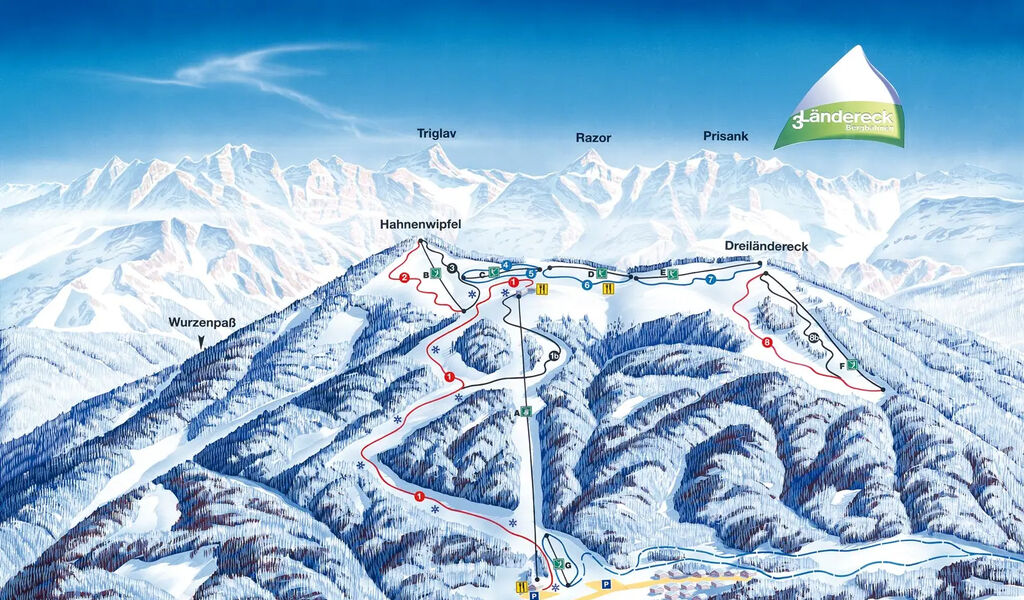 Lyžařská mapa sjezdovek areálu Dreiländereck