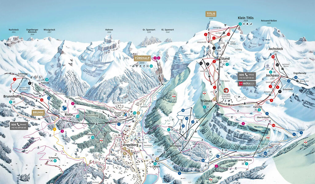 Lyžařská mapa sjezdovek areálu Engelberg / Titlis