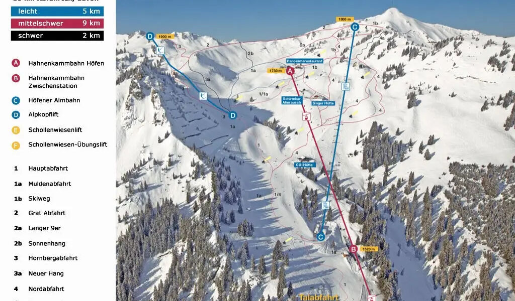 Lyžařská mapa sjezdovek areálu Erlebnisarena Hahnenkamm / Reutte