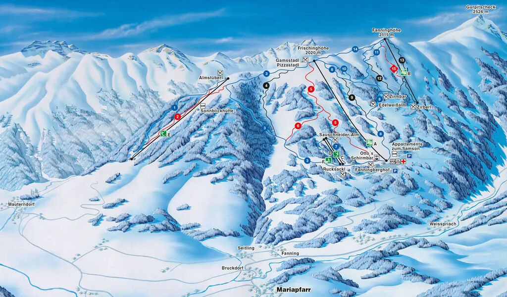 Lyžařská mapa sjezdovek areálu Fanningberg