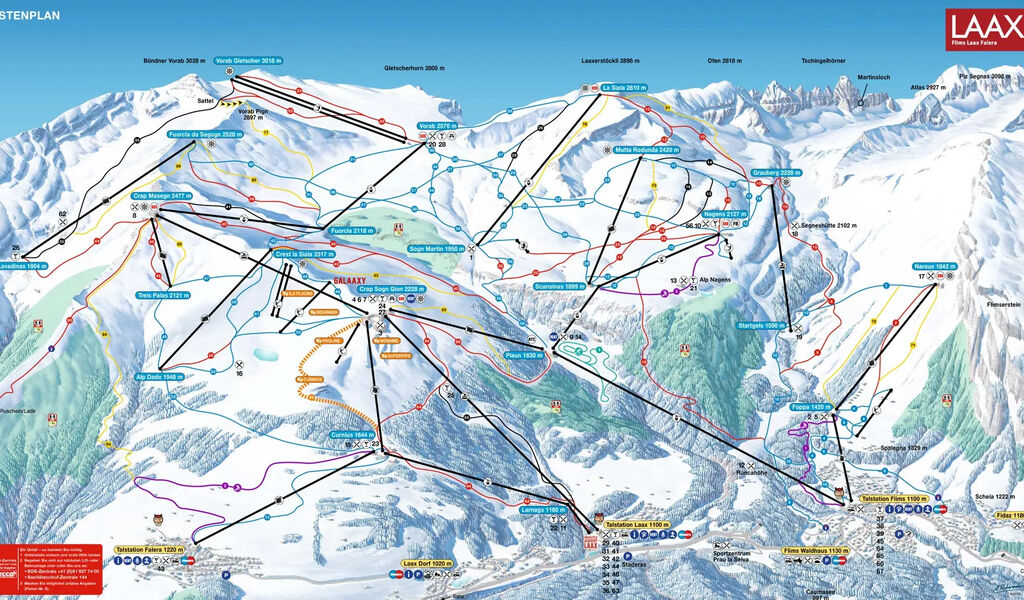 Lyžařská mapa sjezdovek areálu Flims / Laax / Falera