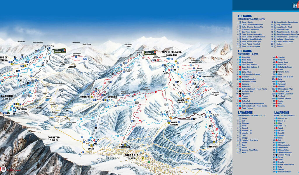 Lyžařská mapa sjezdovek areálu Folgaria Ski
