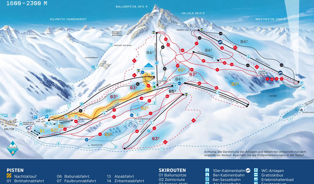 Lyžařská mapa sjezdovek areálu Galtür