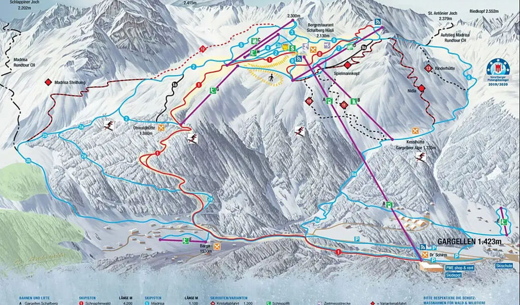 Lyžařská mapa sjezdovek areálu Gargellen
