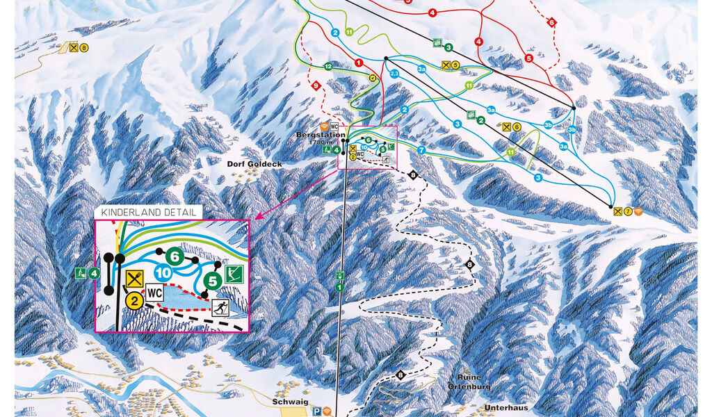Lyžařská mapa sjezdovek areálu Goldeck