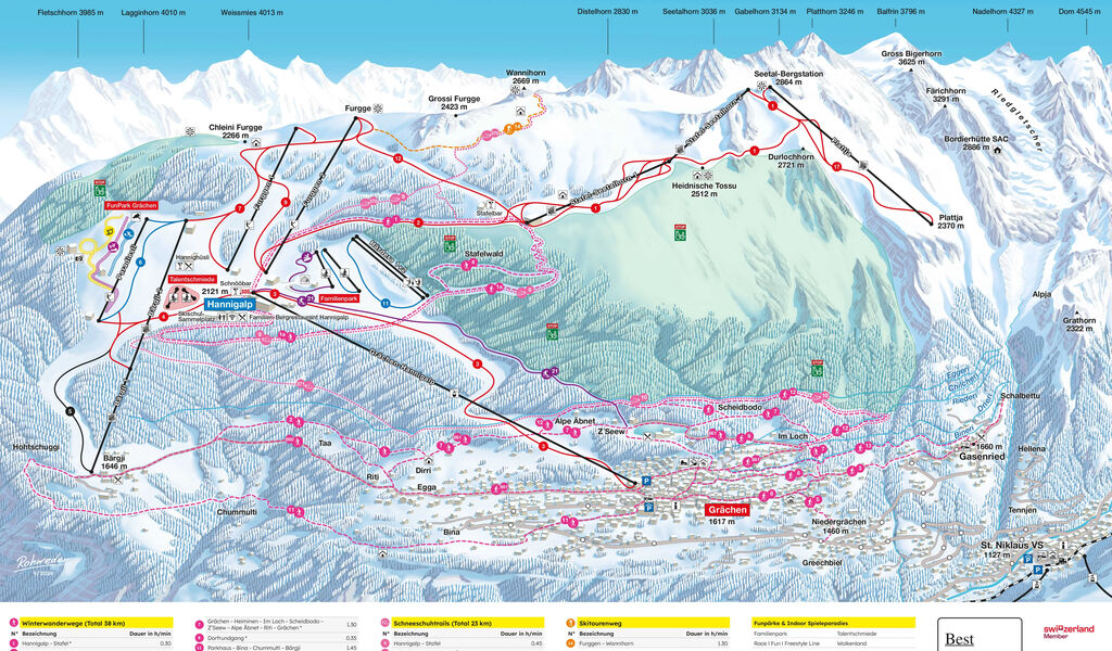 Lyžařská mapa sjezdovek areálu Grächen
