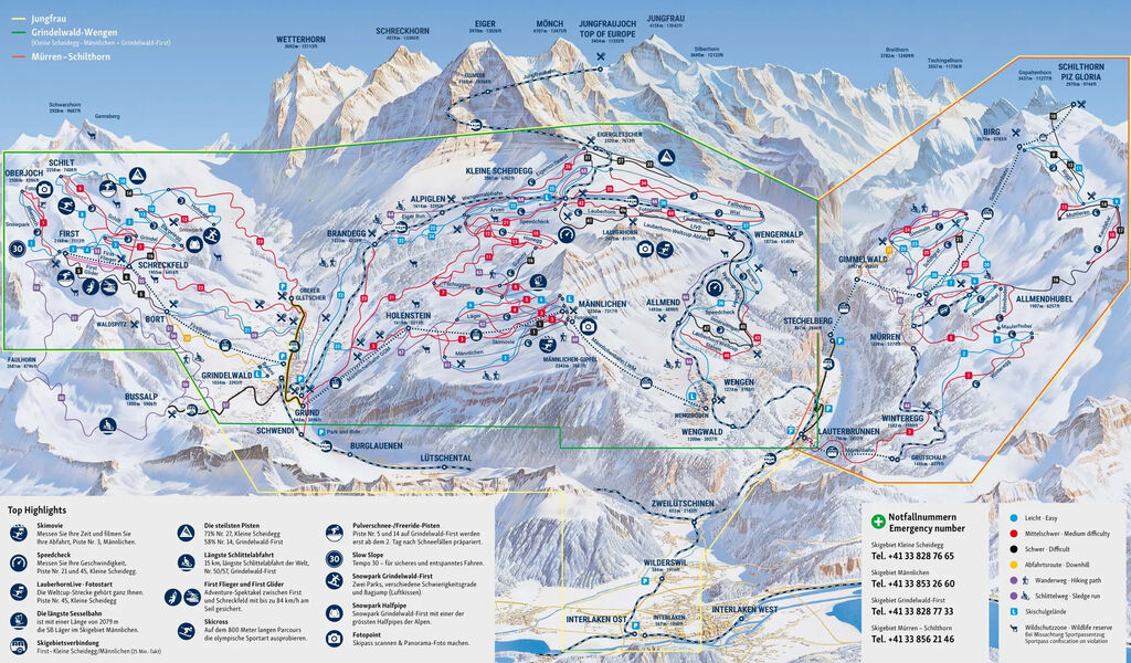 Lyžařská mapa sjezdovek areálu Jungfrau Ski Region