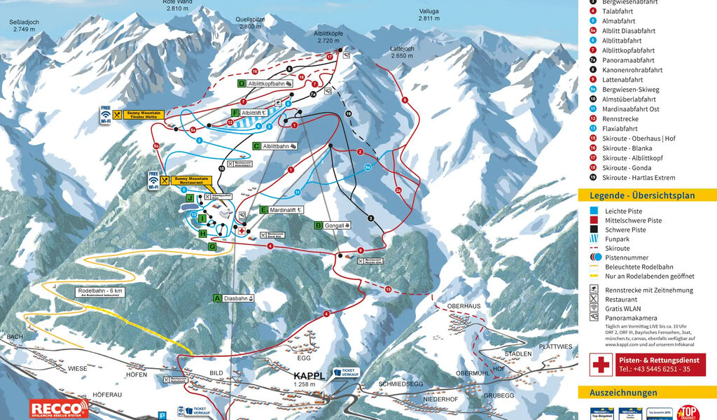 Lyžařská mapa sjezdovek areálu Kappl / Paznaun