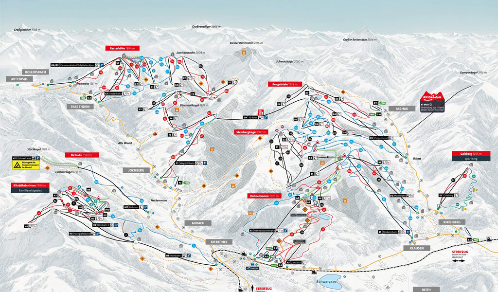 Lyžařská mapa sjezdovek areálu Kitzbühel a Kirchberg