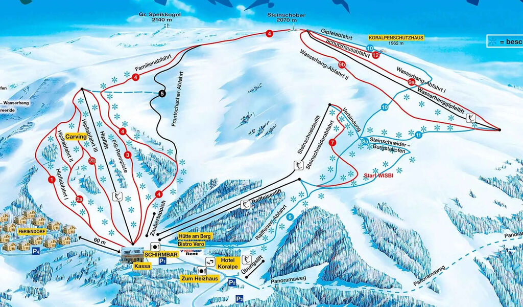 Lyžařská mapa sjezdovek areálu Koralpe