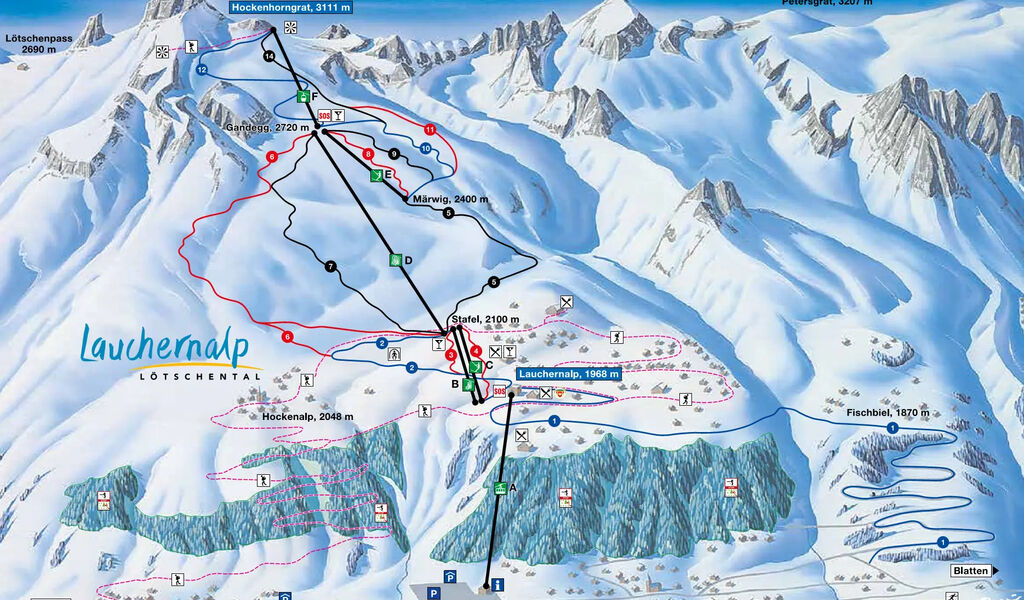 Lyžařská mapa sjezdovek areálu Lauchernalp