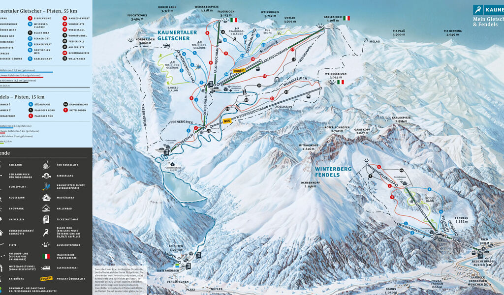 Lyžařská mapa sjezdovek areálu Ledovcová oblast Kaunertal