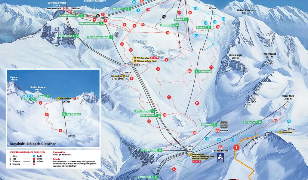 Lyžařská mapa sjezdovek areálu Ledovec Hintertux