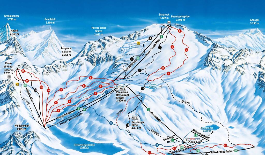 Lyžařská mapa sjezdovek areálu Ledovec Mölltal