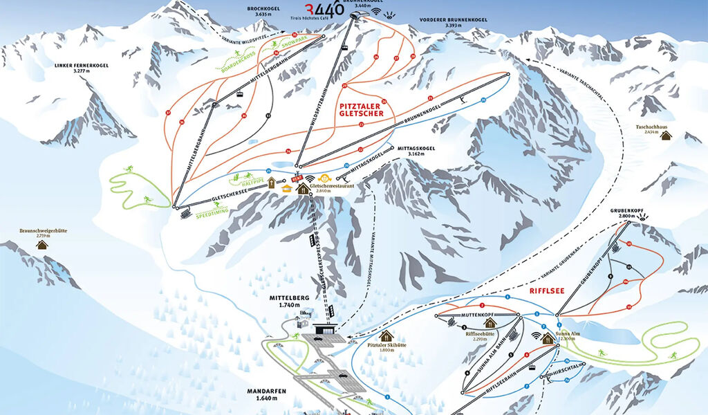 Lyžařská mapa sjezdovek areálu Ledovec Pitztal