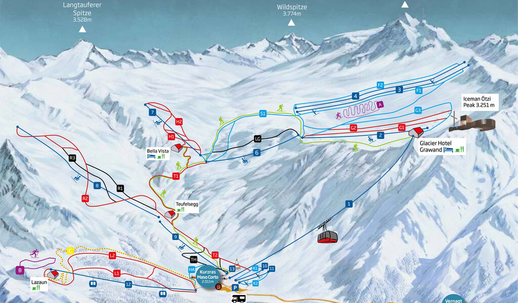 Lyžařská mapa sjezdovek areálu Ledovec Schnalstal