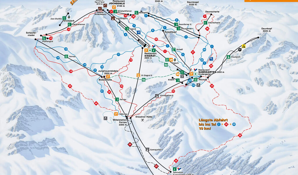 Lyžařská mapa sjezdovek areálu Ledovec Stubai