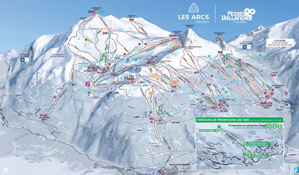 Lyžařská mapa sjezdovek areálu Les Arcs