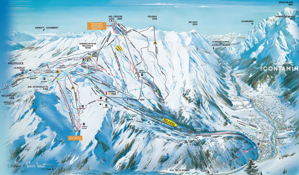 Lyžařská mapa sjezdovek areálu Les Contamines