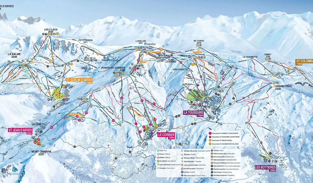 Lyžařská mapa sjezdovek areálu Les Sybelles