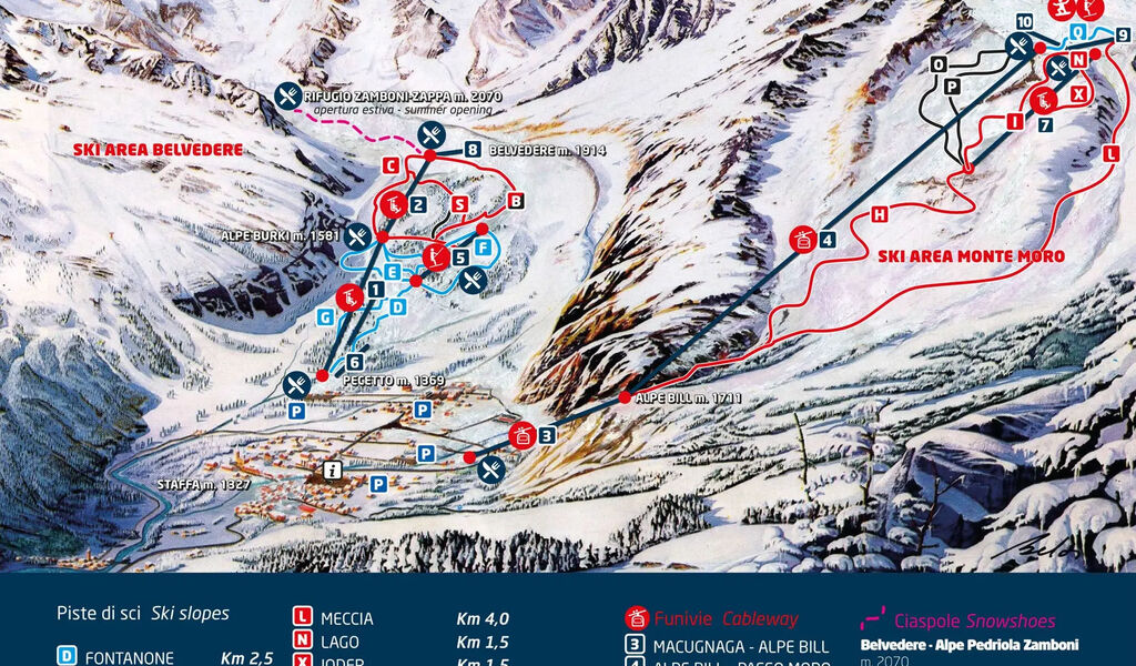 Lyžařská mapa sjezdovek areálu Macugnaga / Monte Rosa