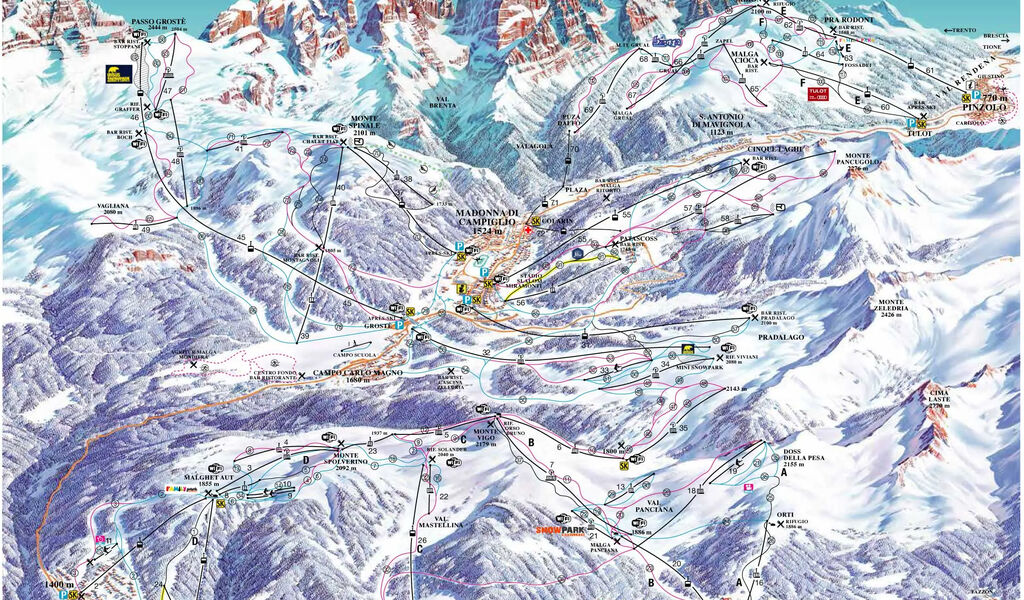 Lyžařská mapa sjezdovek areálu Madonna di Campiglio