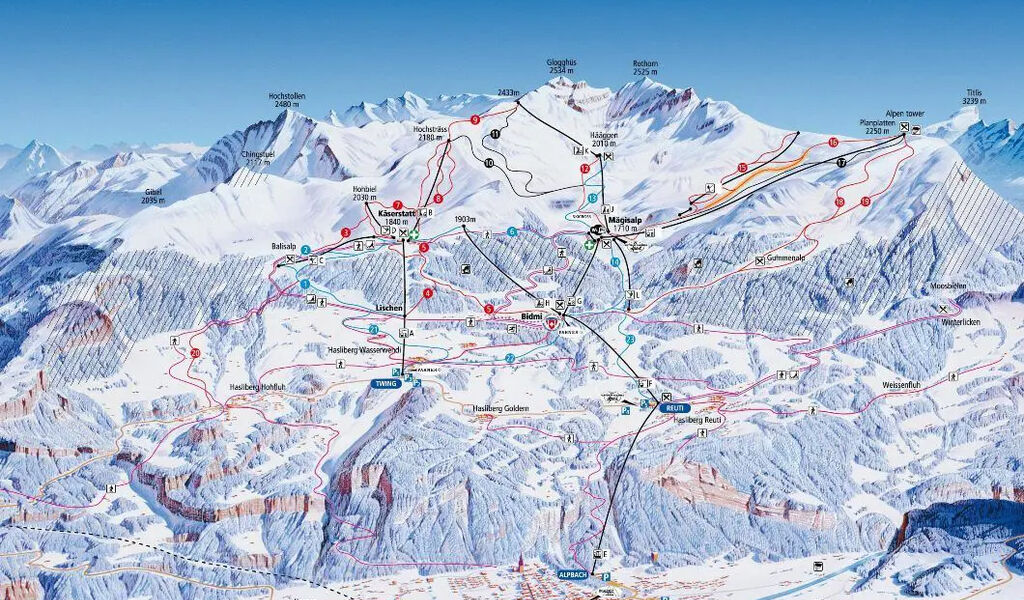 Lyžařská mapa sjezdovek areálu Meiringen / Hasliberg