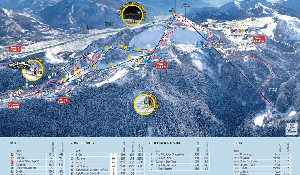 Lyžařská mapa sjezdovek areálu Monte Bondone