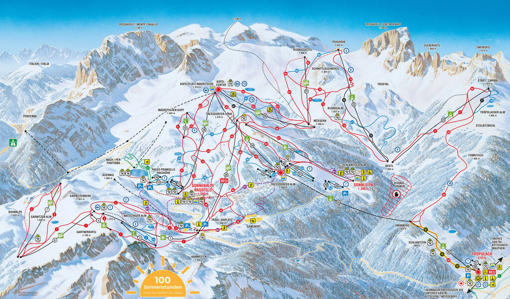 Lyžařská mapa sjezdovek areálu Nassfeld / Pressegger See