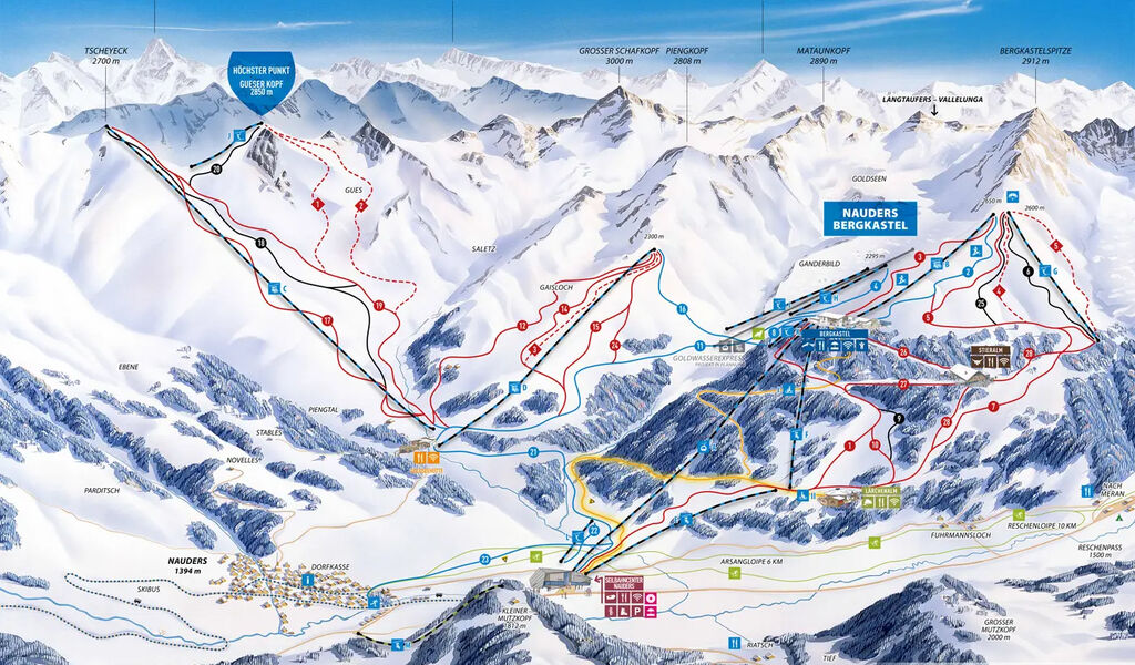 Lyžařská mapa sjezdovek areálu Nauders - Reschenpass