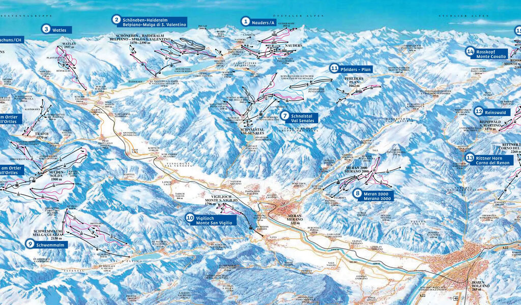 Lyžařská mapa sjezdovek areálu Ortler Skiarena