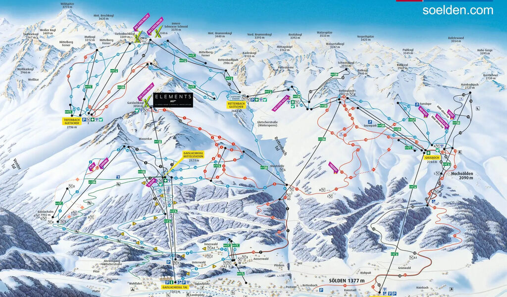 Lyžařská mapa sjezdovek areálu Ötztal Arena / Sölden