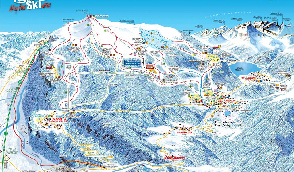 Lyžařská mapa sjezdovek areálu Paganella