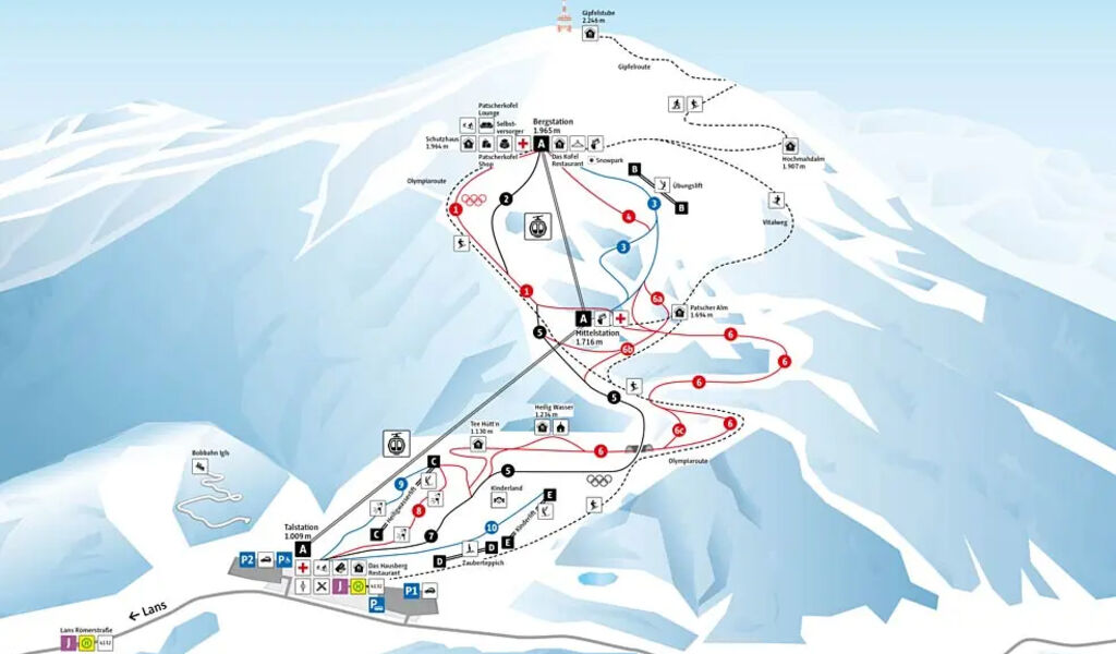 Lyžařská mapa sjezdovek areálu Patscherkofel