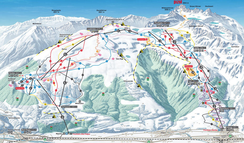 Lyžařská mapa sjezdovek areálu Pizol