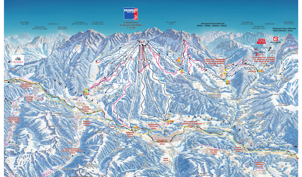 Lyžařská mapa sjezdovek areálu Plan de Corones / Kronplatz